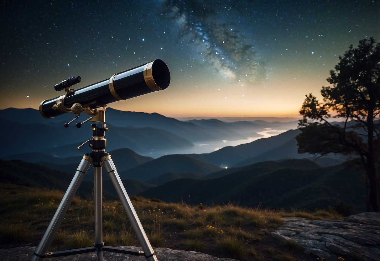 A telescope points towards a starry night sky, with constellations and planets visible. A documentary about astronomy plays on a nearby screen, showcasing stunning images of galaxies and nebulae