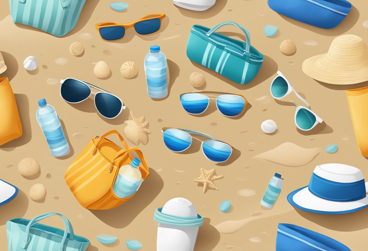 A beach bag with towel, sunscreen, hat, sunglasses, and water bottle on sandy shore with calm ocean waves