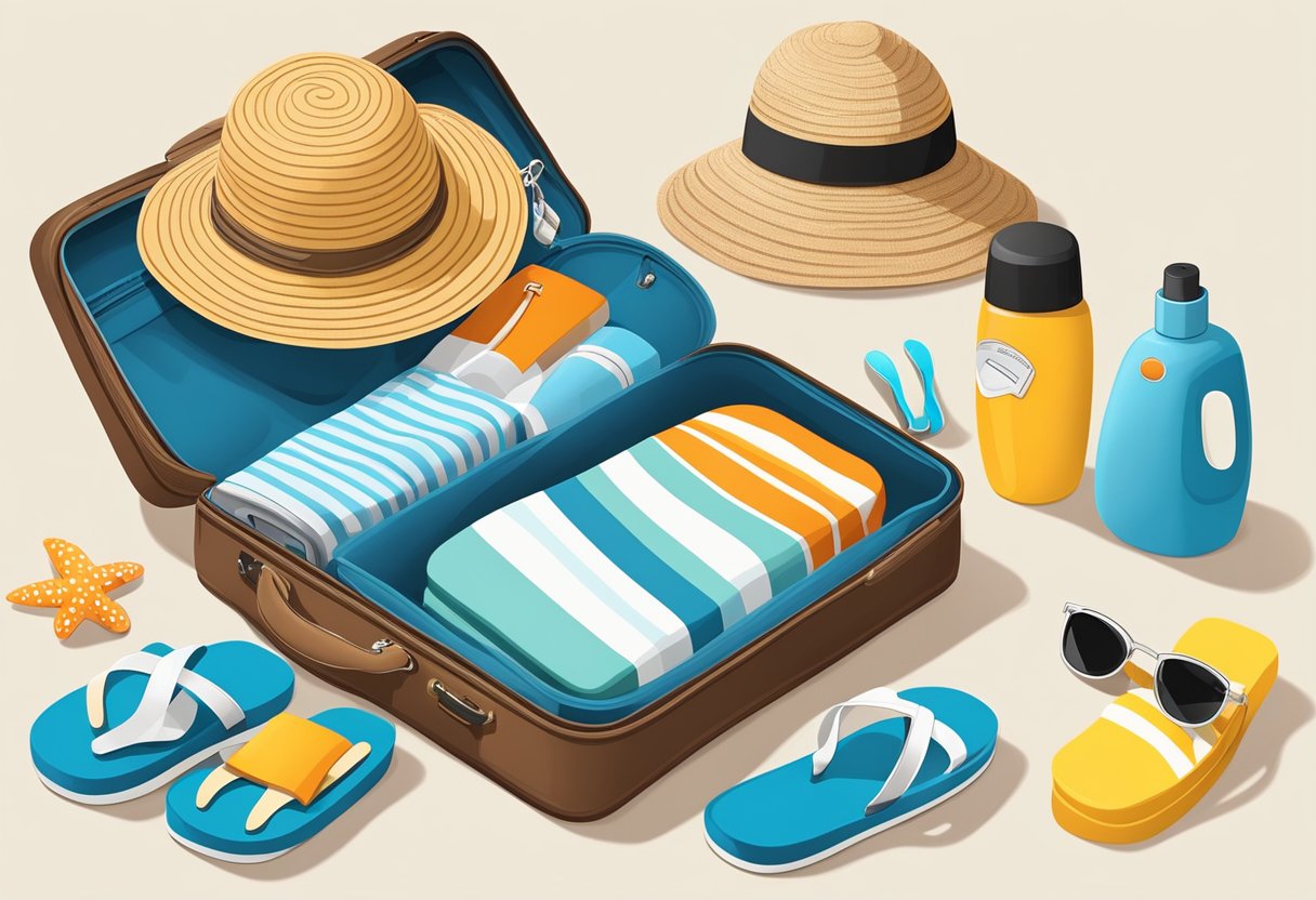A suitcase with only essential beach items: sunscreen, towel, hat, and flip-flops. No clutter or unnecessary items