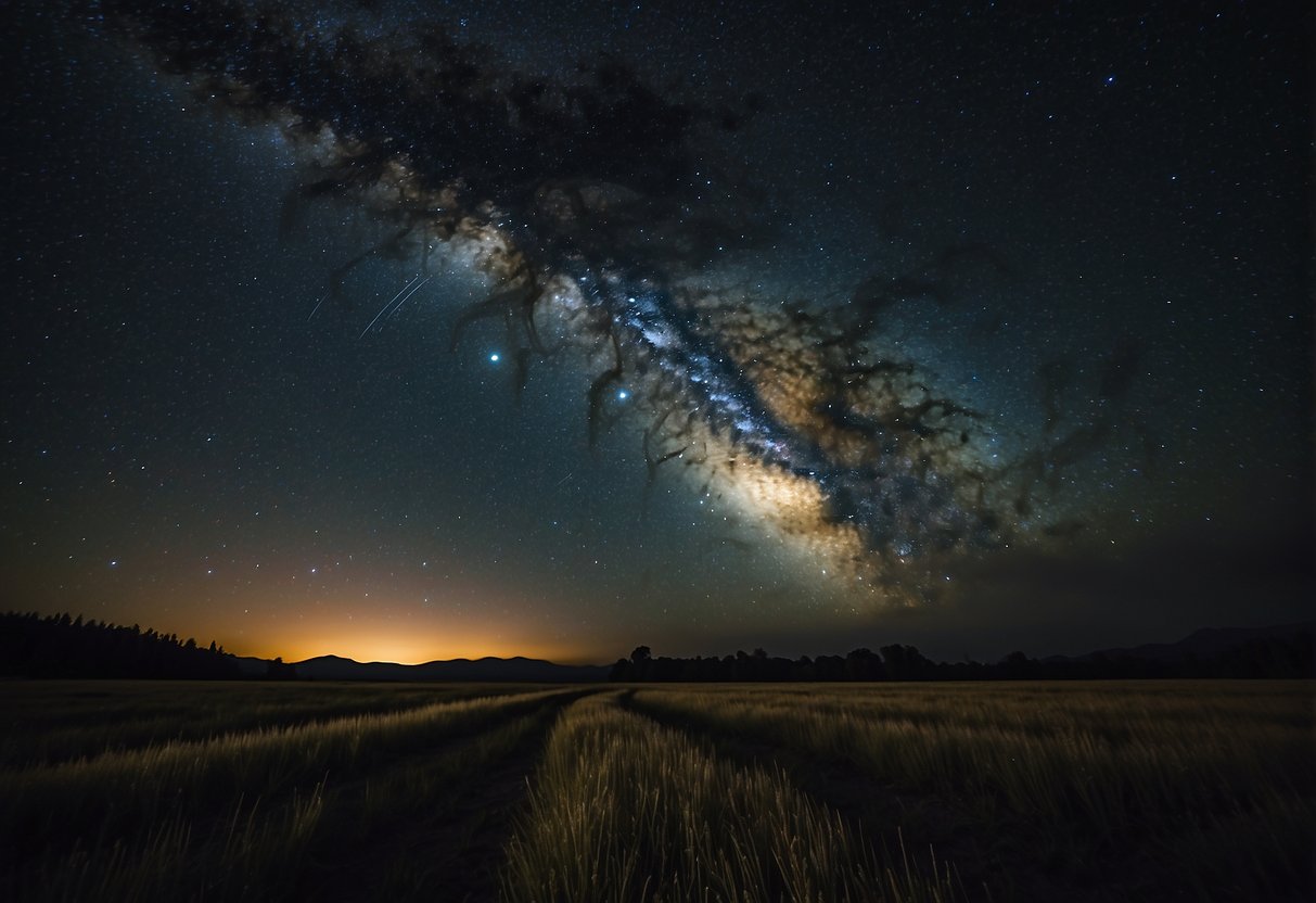 Vivid stars, planets, and constellations fill the dark night sky, visible through binoculars. The Milky Way stretches across the horizon, while shooting stars streak through the atmosphere