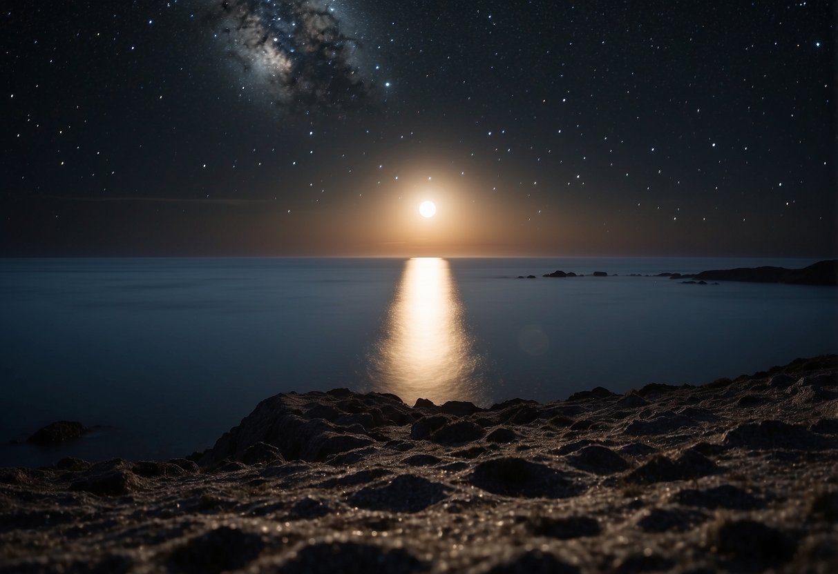 The moon shines brightly against a dark, star-filled sky. Binoculars reveal its craters and seas in stunning detail