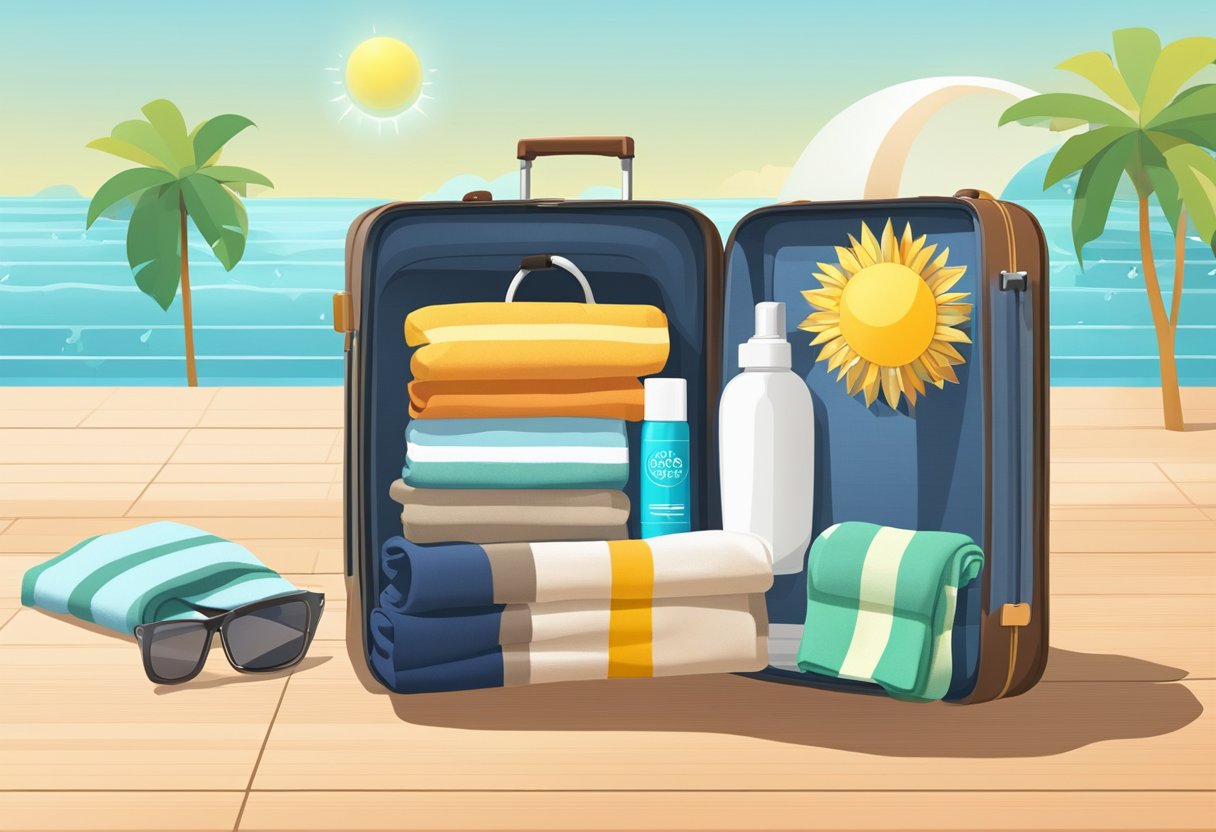 A suitcase open with folded clothes, sunscreen, and a towel. A weather app on a phone shows sunshine
