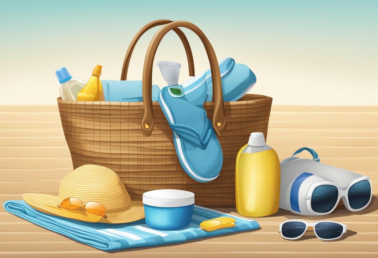 A beach bag holds towel, sunscreen, book, water bottle, and sunglasses