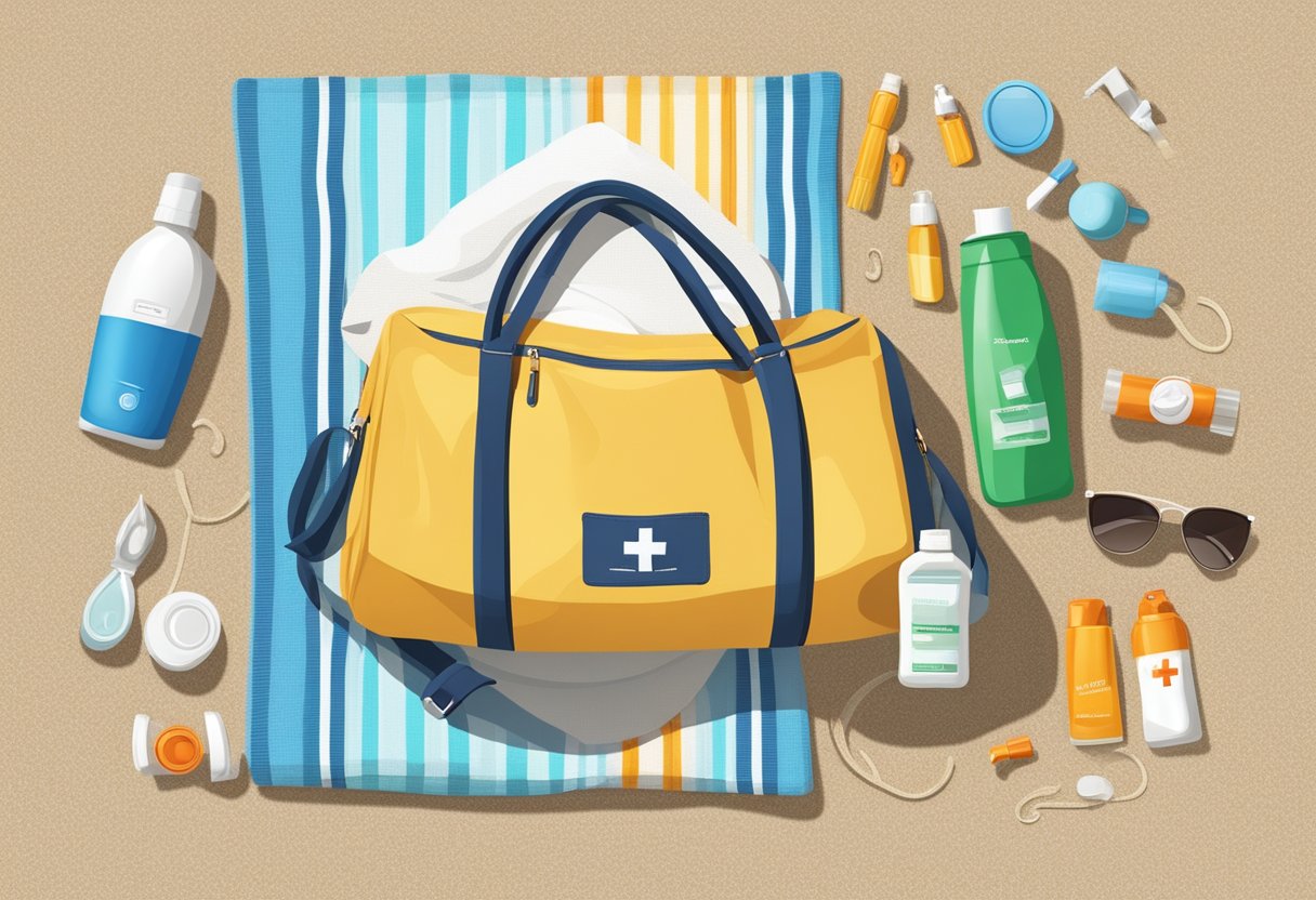 A beach bag with sunscreen, hat, water bottle, and first aid kit laid out on a sandy towel