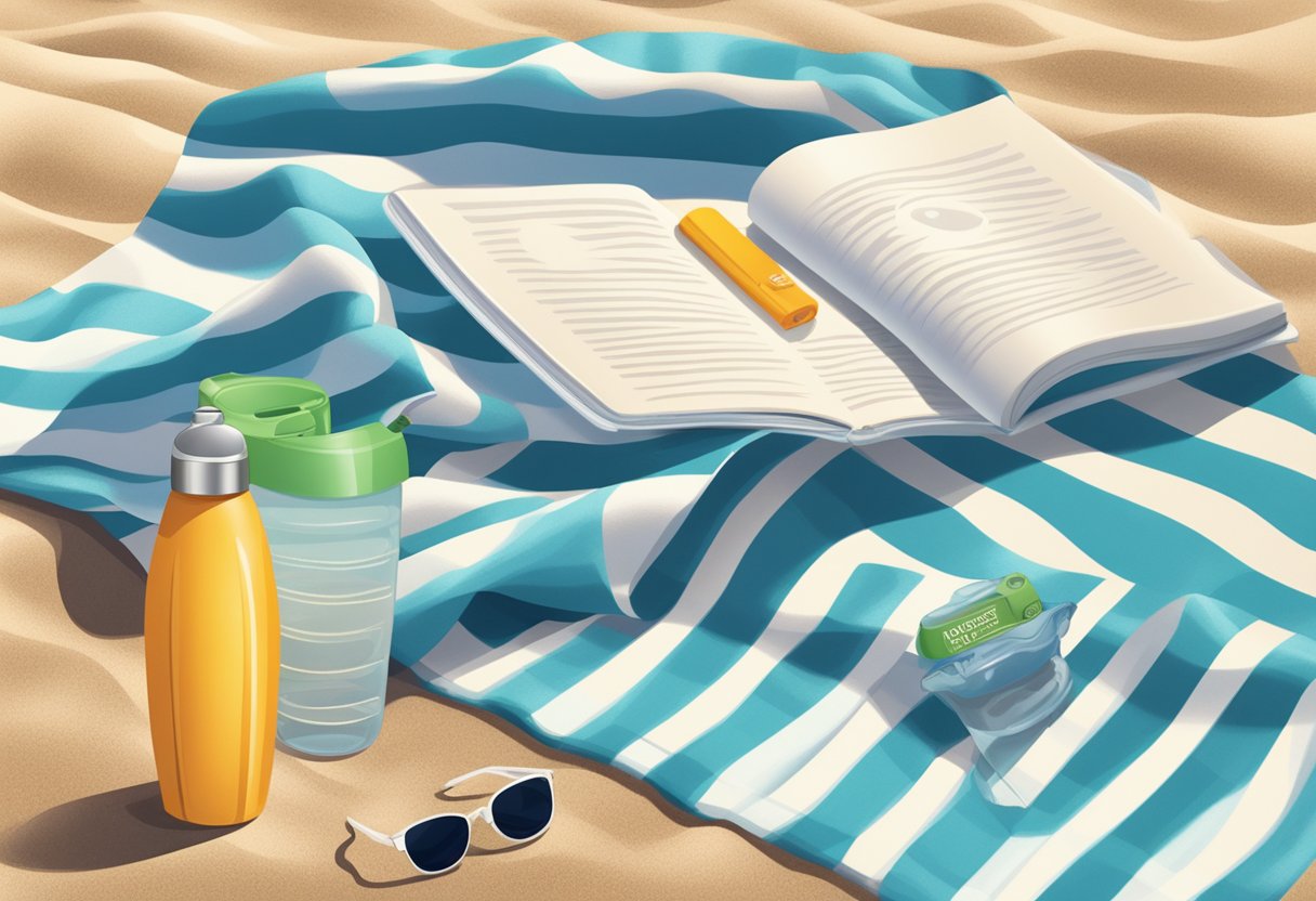 A neatly folded beach towel, sunscreen, sunglasses, a book, and a reusable water bottle laid out on a sandy beach with gentle waves in the background