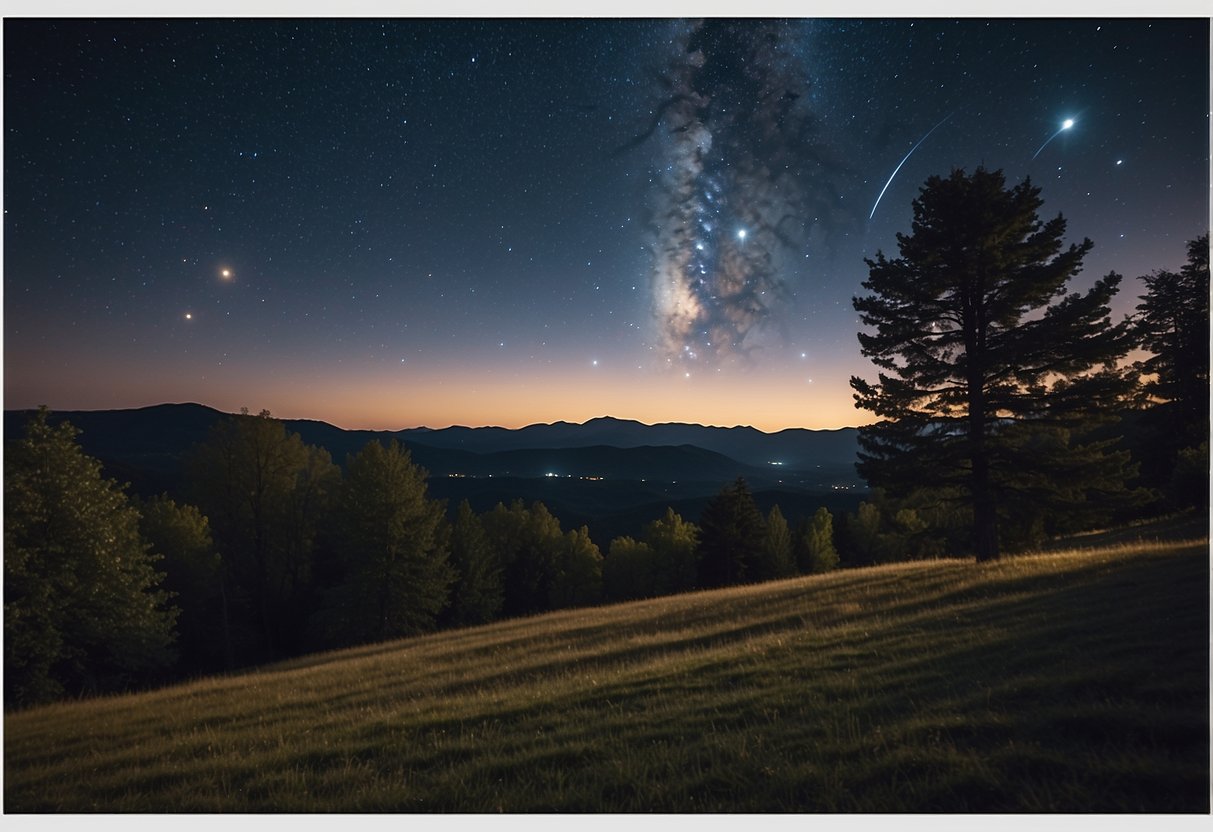 A clear night sky with a variety of celestial objects visible, including stars, planets, and constellations. The scene changes to reflect the different seasons, with unique astronomical features for each time of year