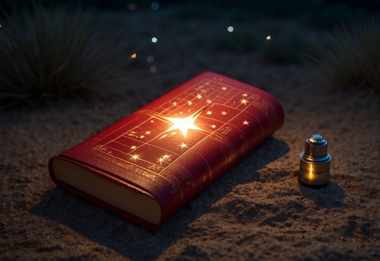 A red flashlight illuminates a stargazer's notebook and star chart, casting a warm glow on the ground beneath a clear night sky