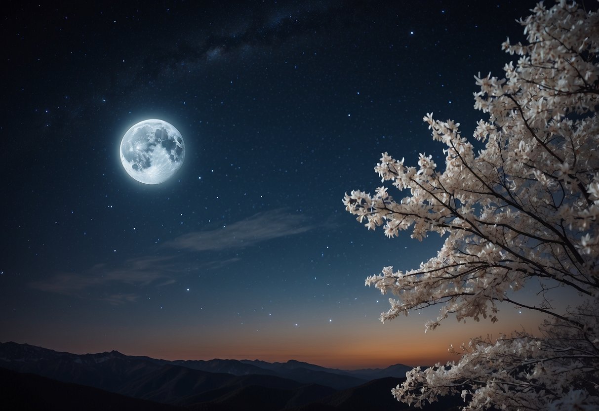 A clear night sky with stars, moon, and different seasonal elements like snow, leaves, or flowers. A weather forecast chart in the background