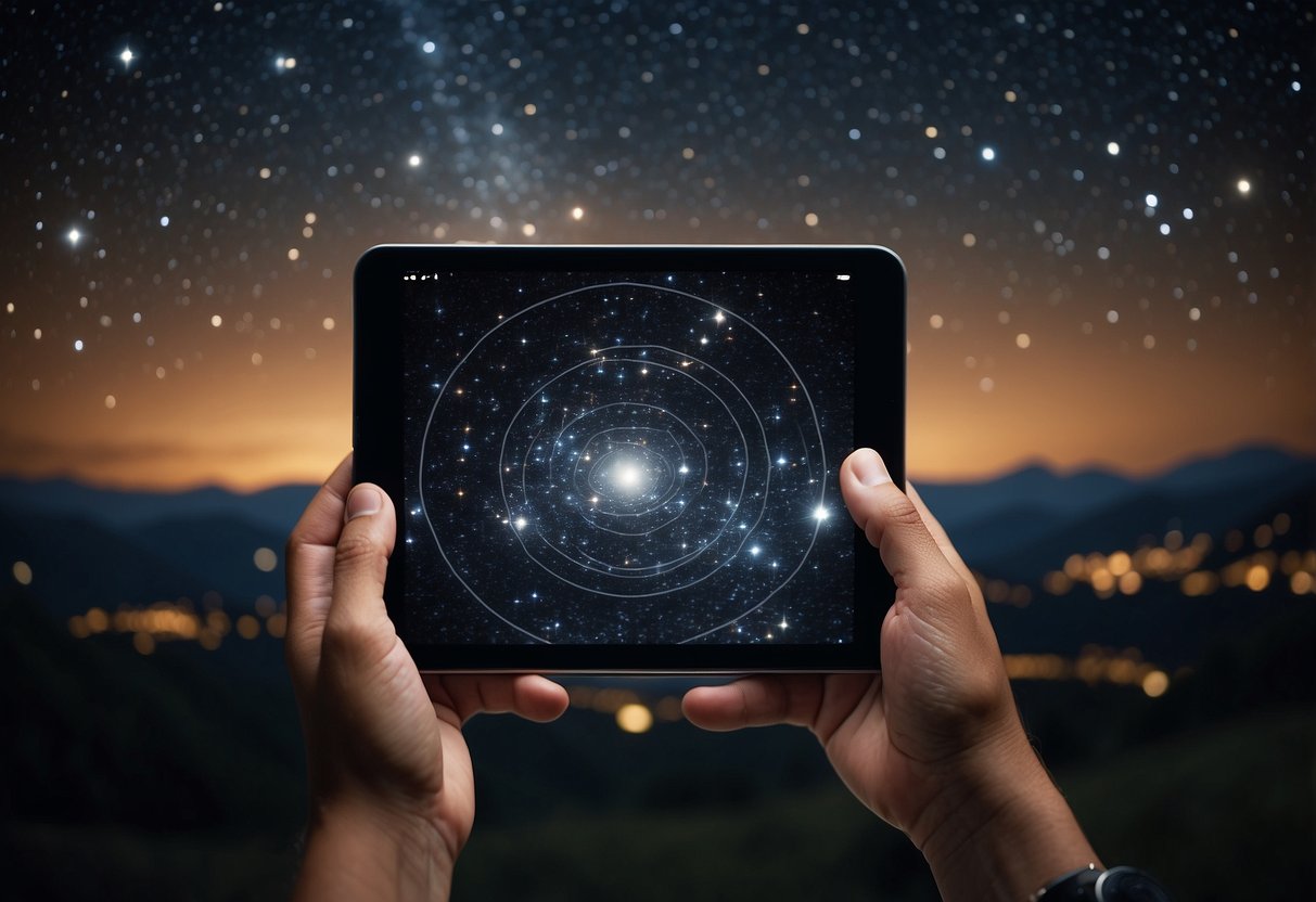 A person holding a star map or using a stargazing app, surrounded by a clear night sky with twinkling stars, and possibly a telescope or binoculars nearby