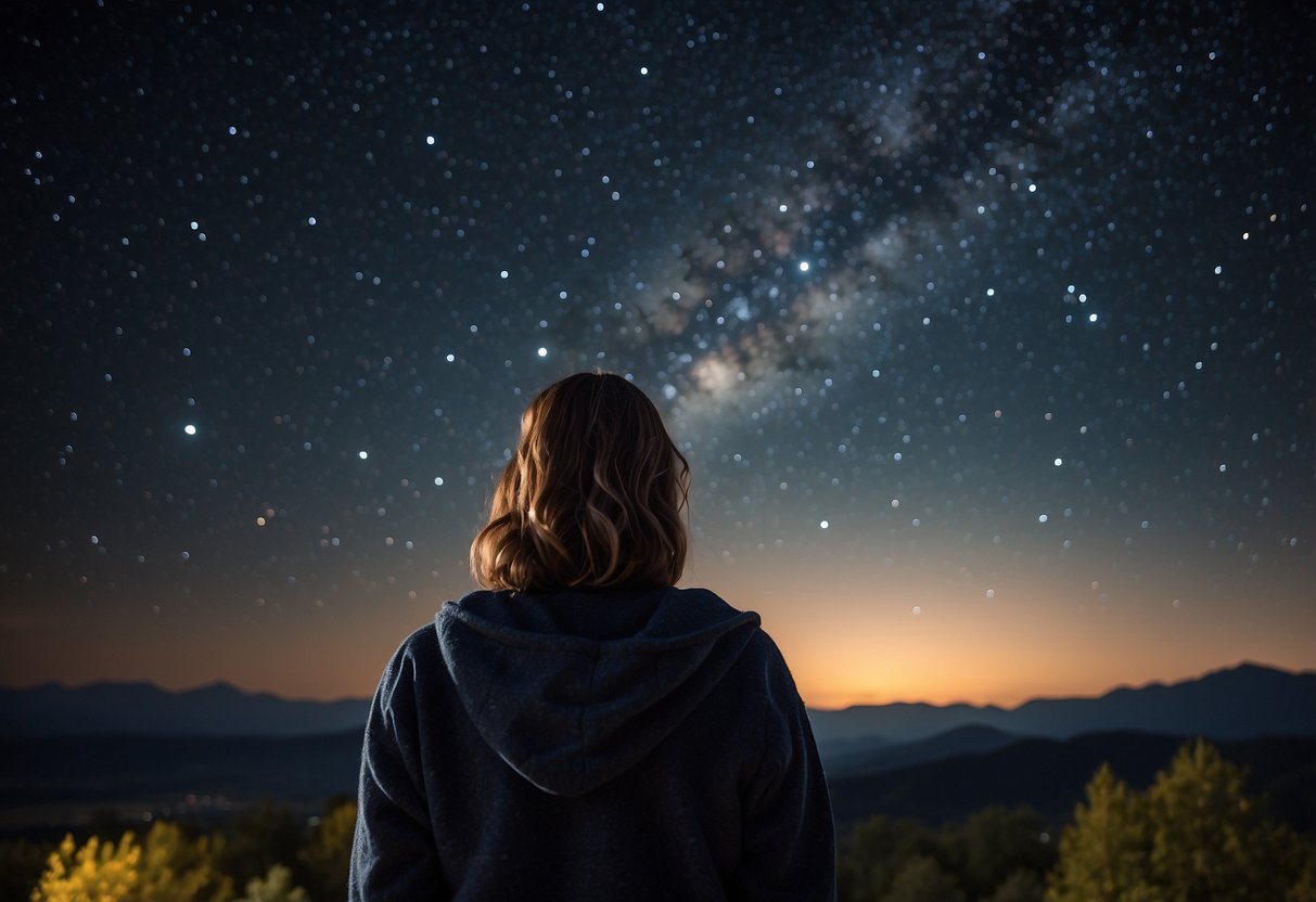 A person holding binoculars or a telescope, looking up at the night sky with stars and constellations visible