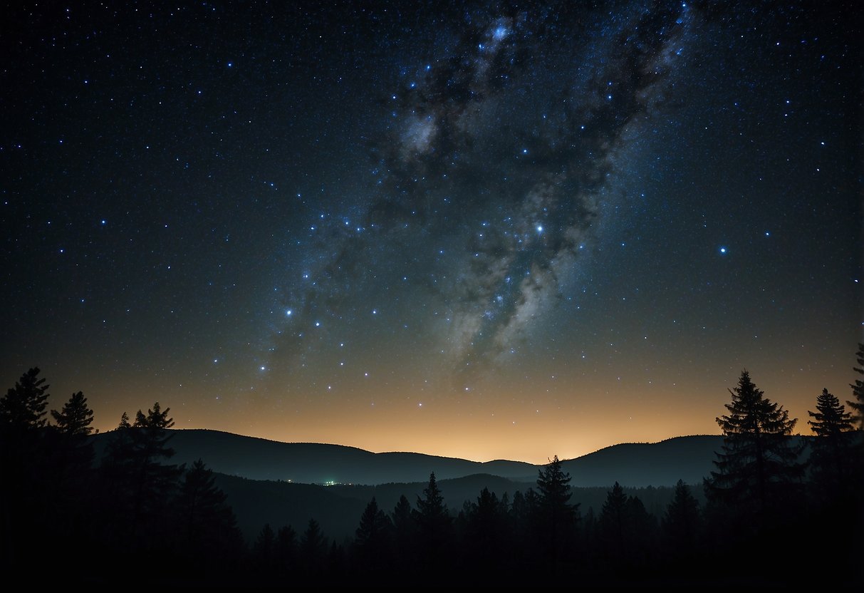 A dark night sky with twinkling stars in different patterns, surrounded by trees and a clear view of the horizon