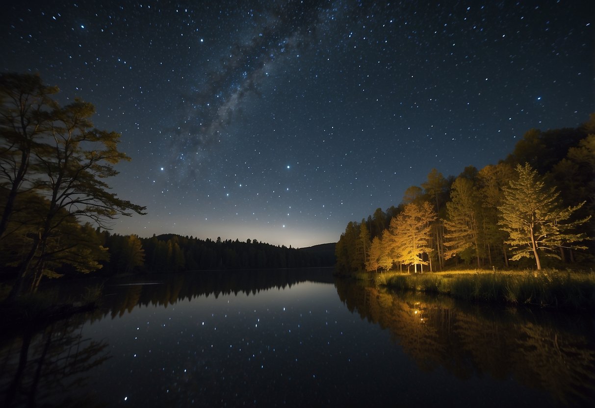 A clear night sky with stars shining brightly in each season, with specific tips for stargazing displayed in the background