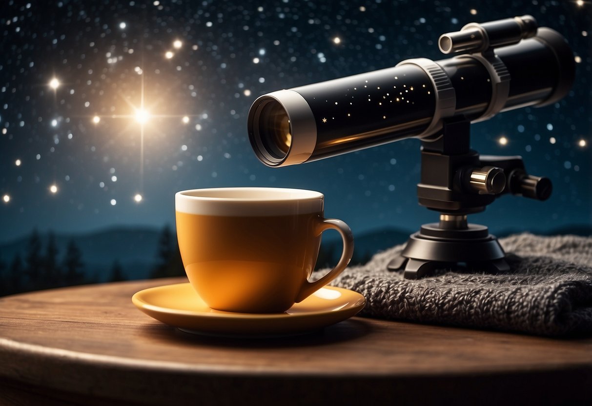 A clear night sky with twinkling stars, a smartphone displaying stargazing apps, a telescope, a cozy blanket, and a hot beverage on a table