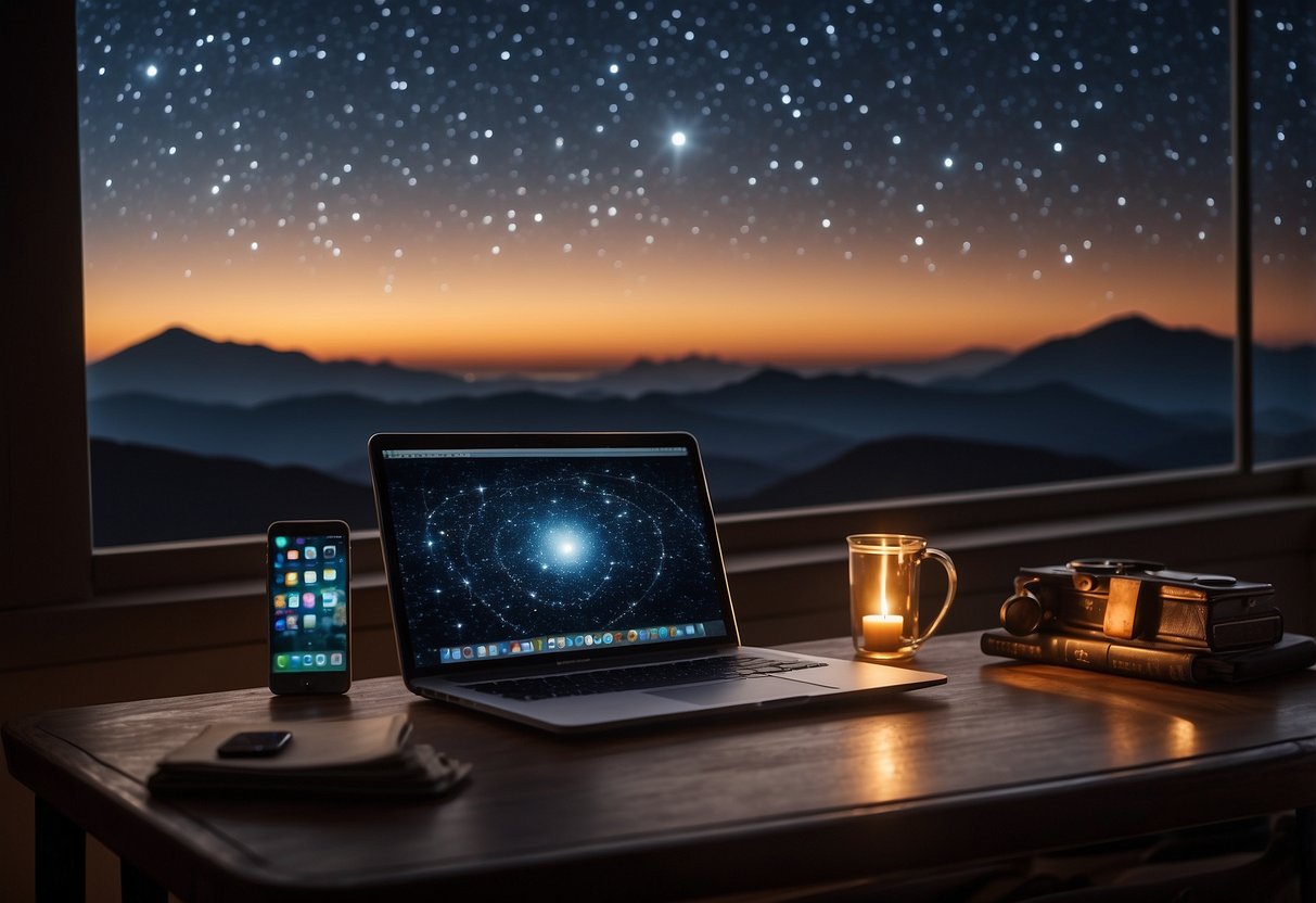 A table with a laptop and notebook, surrounded by star charts, telescope, and smartphone displaying stargazing apps. The night sky is visible through a nearby window