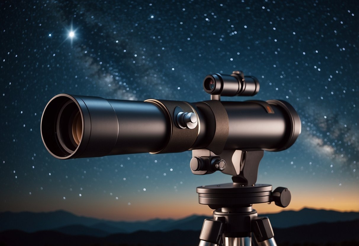 A clear night sky with twinkling stars, a telescope pointing upwards, and a sense of wonder and awe in the air