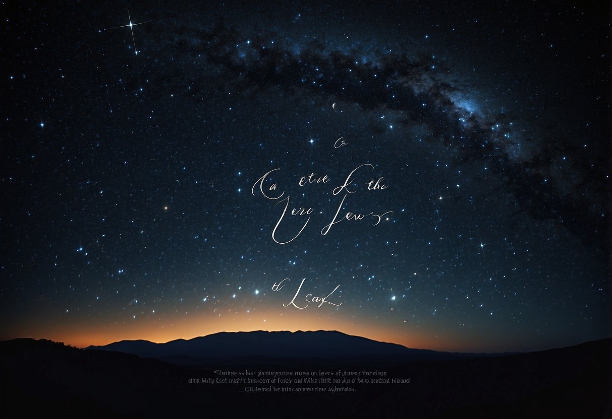 A dark night sky with twinkling stars and a quote by C.S. Lewis written in elegant script, surrounded by celestial elements like moons and planets