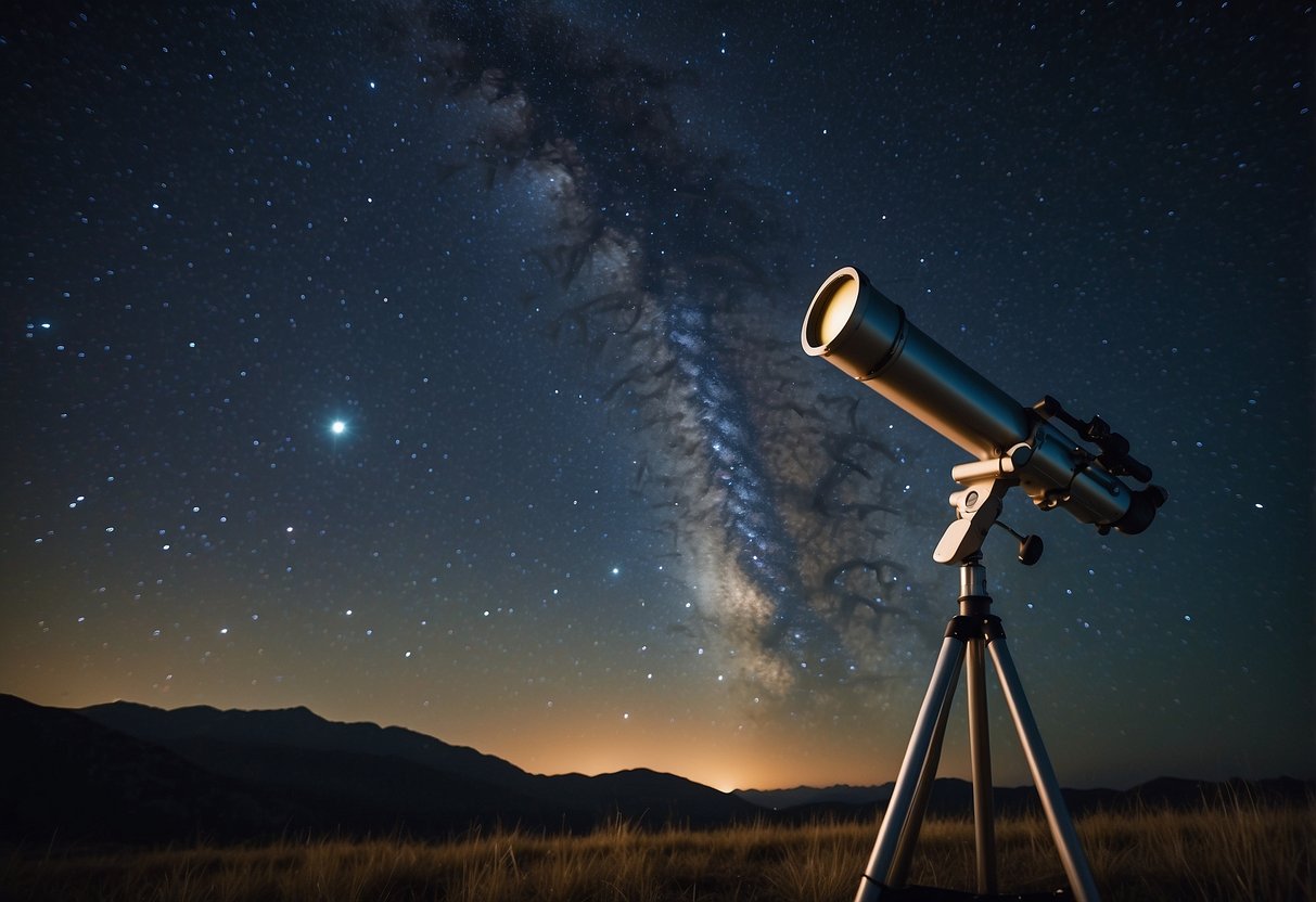 A tranquil night sky with bright stars and a telescope pointing upwards, surrounded by inspirational quotes about stargazing