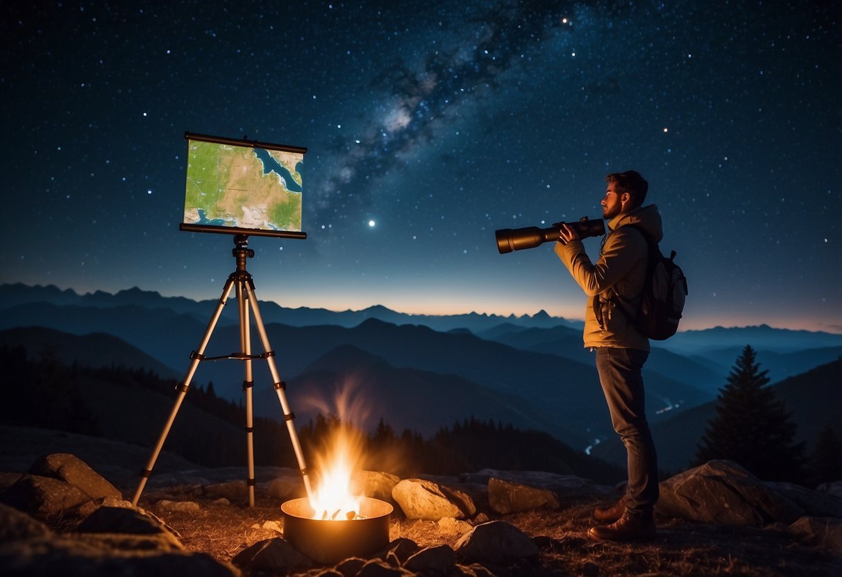 A clear night sky with a telescope and map, a cozy blanket, and a campfire. A traveler gazes up at the stars, surrounded by nature