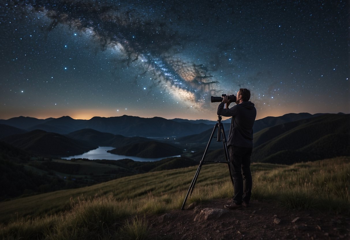 A person holds binoculars or a telescope, gazing up at the starry night sky from a remote location. The Milky Way and constellations are visible above, with a sense of wonder and tranquility