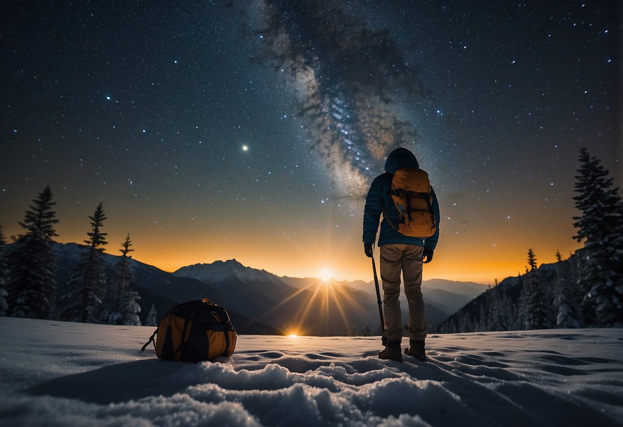 A person packing warm clothing, telescope, map, and snacks into a backpack. They stand under a starry sky, surrounded by mountains and trees