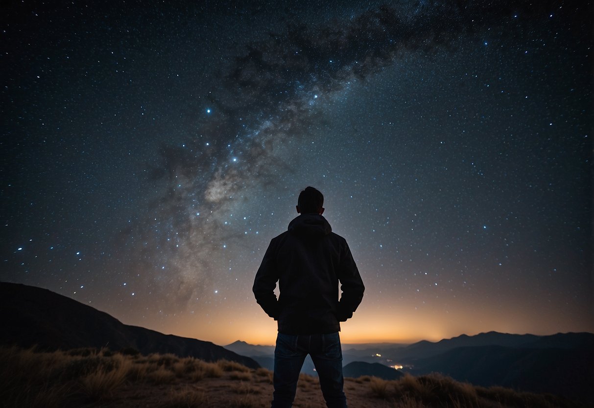 A dark night sky with a clear view of stars, no flashlights in use, and a traveler gazing up in awe