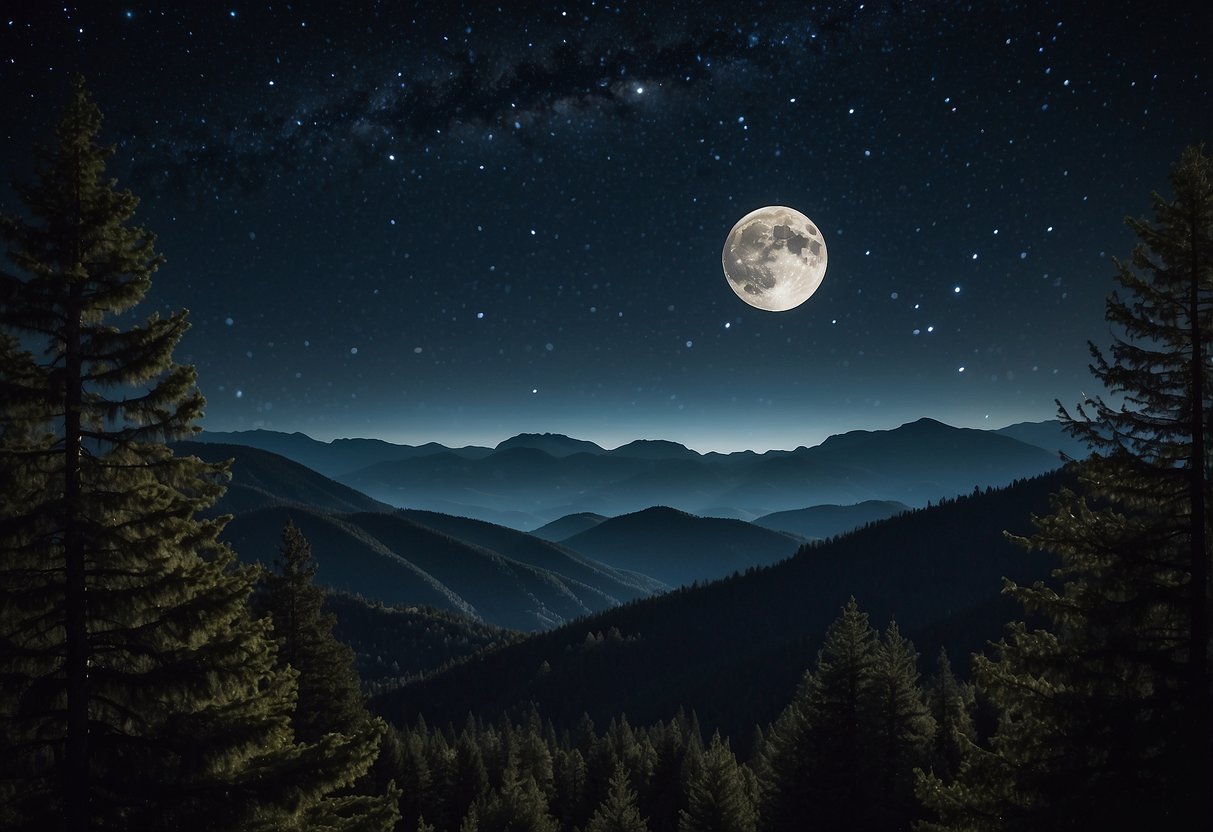 A dark, starry night sky with a clear view of the moon in its various phases, surrounded by silhouettes of trees and distant mountains