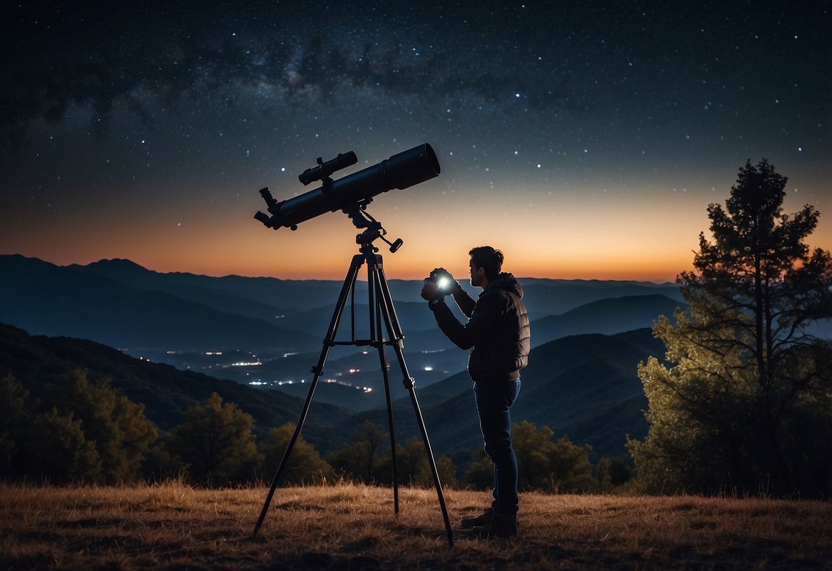 A traveler unpacks a telescope and unfolds a tripod under a starry night sky, surrounded by dark silhouettes of trees and distant mountains