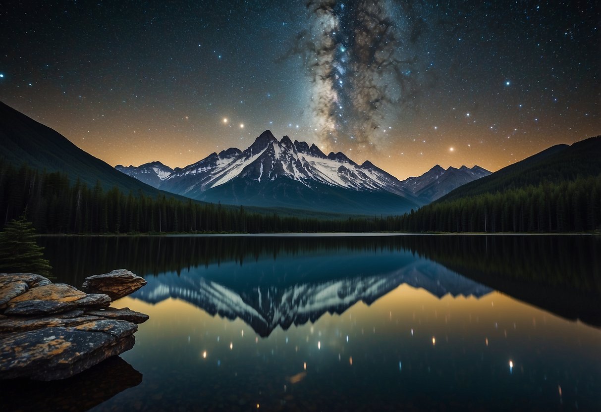 A serene mountain peak overlooks a tranquil lake, surrounded by lush forests. The night sky is clear, filled with twinkling stars and a bright Milky Way, creating the perfect stargazing location