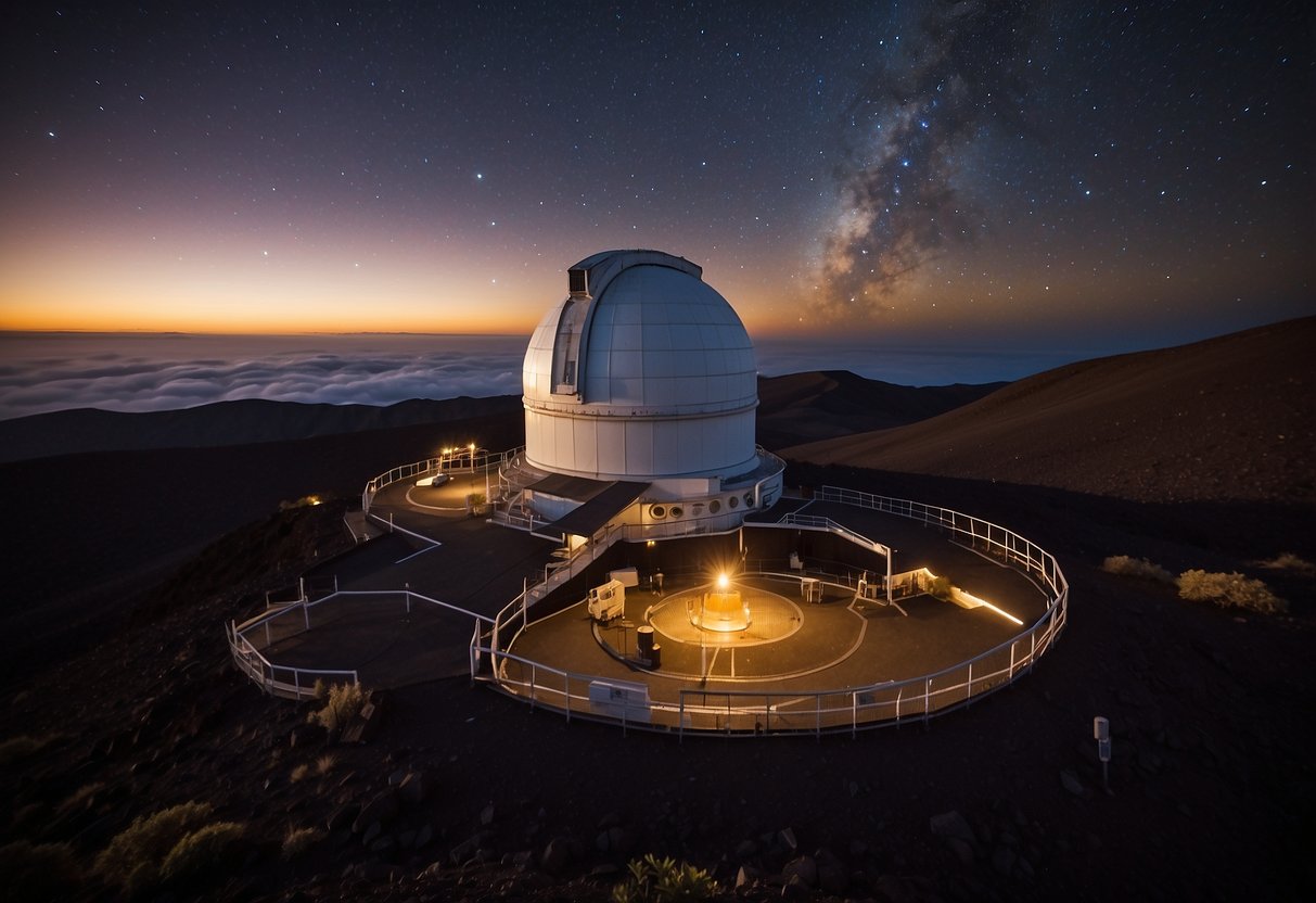 The Mauna Kea Observatories in Hawaii offer stunning views of the night sky, with telescopes pointed towards the stars. The observatories sit atop a dormant volcano, surrounded by the dark expanse of the Pacific Ocean