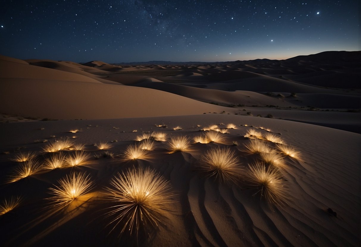 The vast Gobi Desert at night, with clear skies and twinkling stars, creating the perfect setting for stargazing in Mongolia