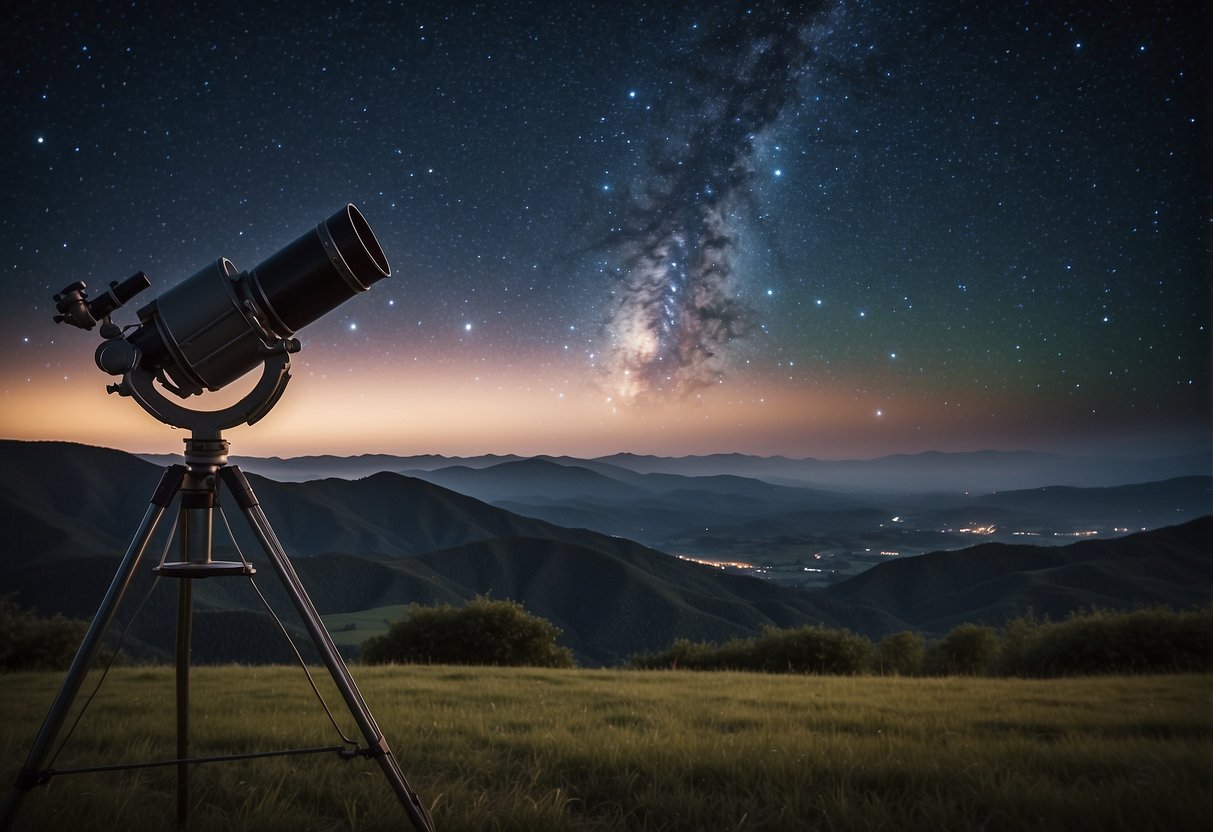 A clear night sky with twinkling stars above a serene landscape. A telescope points towards the heavens, capturing the beauty of the cosmos