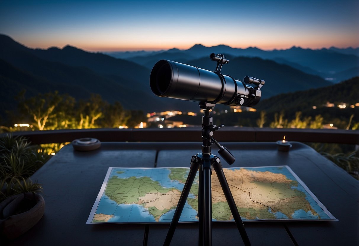 A clear night sky with mountains in the background, a telescope set up on a sturdy tripod, and a map of Asia with marked stargazing locations