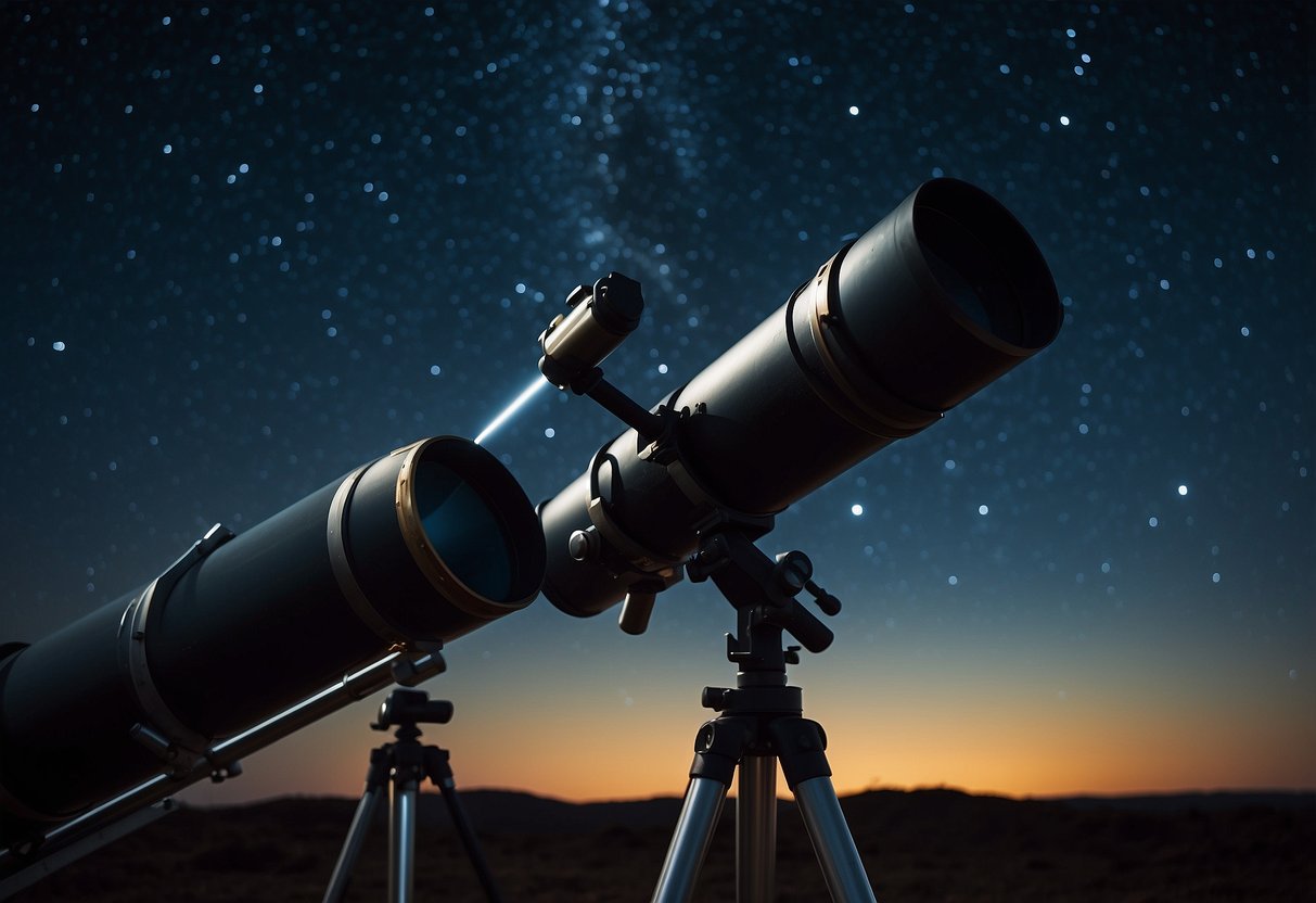 A dark, clear night sky with a powerful telescope pointing towards the stars. The 10 most distant objects are visible, twinkling in the vast expanse