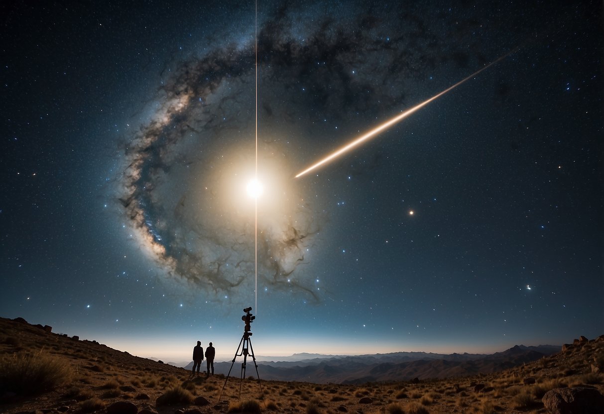 A telescope points towards Centaurus A, surrounded by distant stars and galaxies, showcasing the 10 most distant objects visible