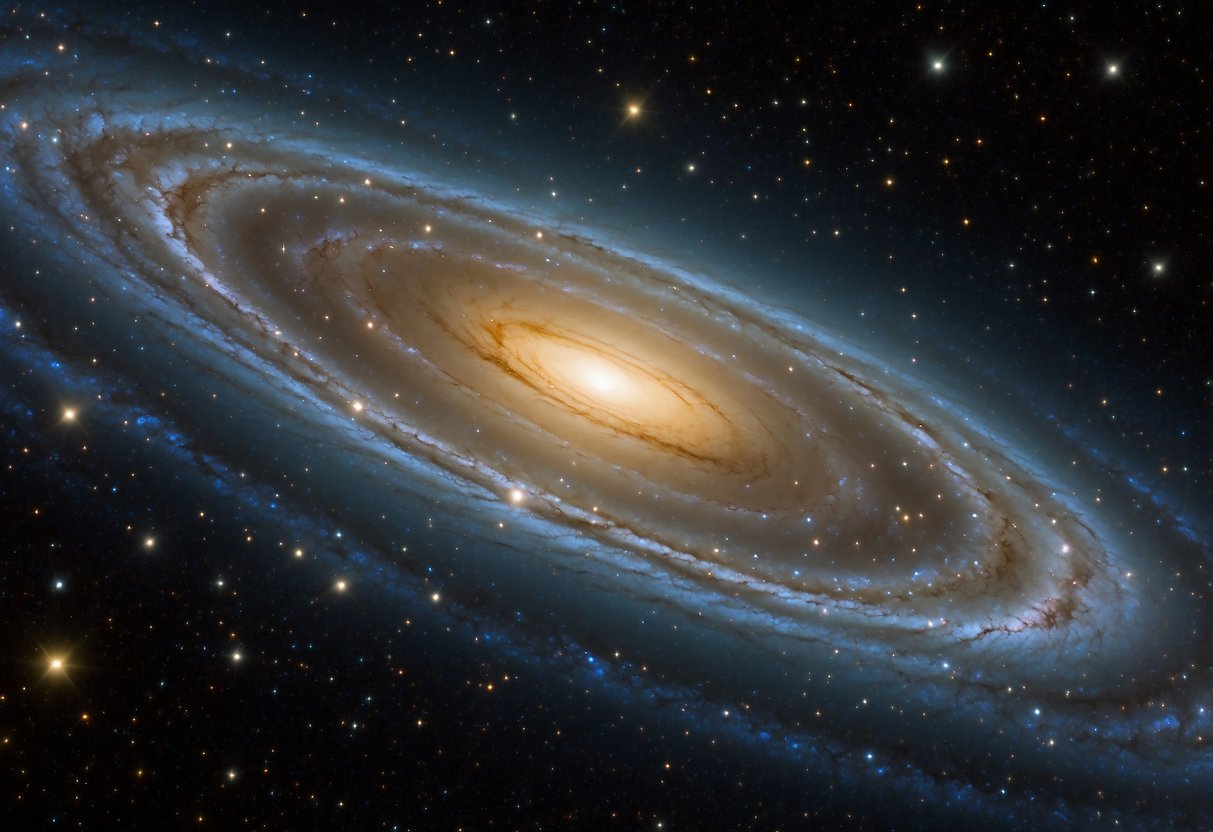 A stunning view of Messier 81, a spiral galaxy located in the constellation Ursa Major, shining brightly in the night sky, surrounded by distant stars and cosmic dust