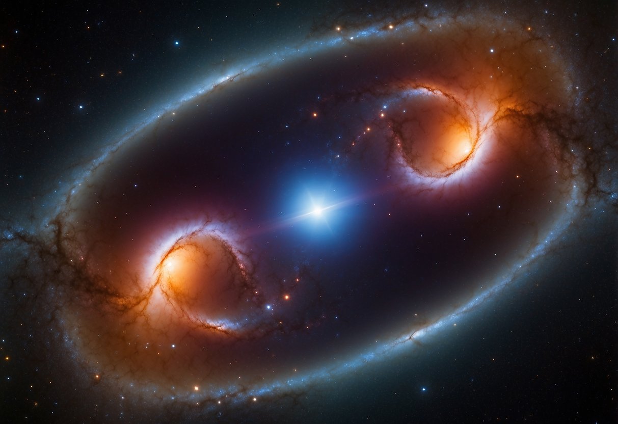 Vibrant colors swirl around the bright core of Messier 82, a distant galaxy visible through a telescope. Wisps of gas and dust form intricate patterns against the black backdrop of space