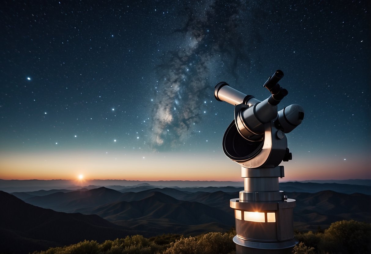 The night sky filled with stars, a powerful telescope pointed towards the horizon, capturing the faint images of the 10 most distant celestial objects