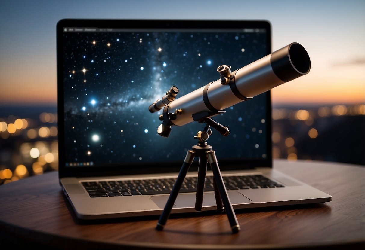 A telescope points towards the night sky, with stars and planets visible. A laptop displays the Udemy website, listing the top 5 astronomy courses