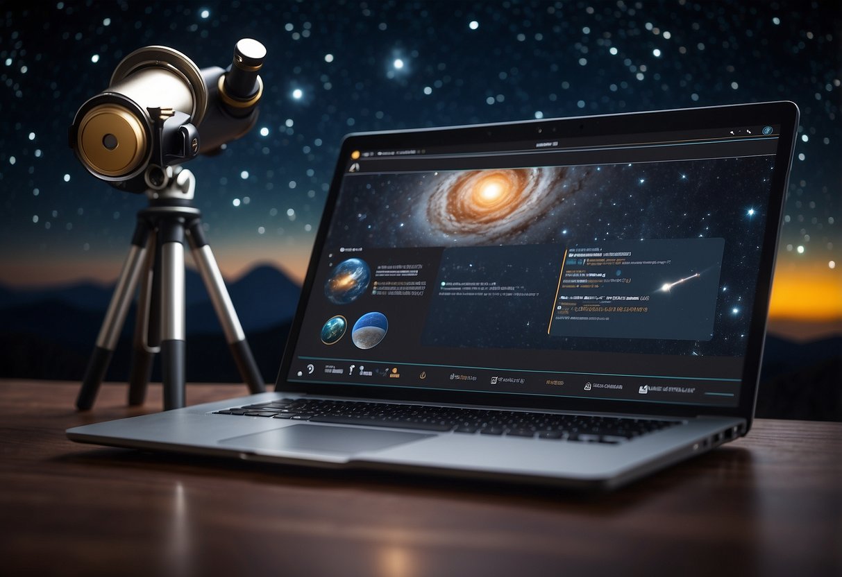 A laptop displaying 5 astronomy courses. A telescope and starry sky in the background