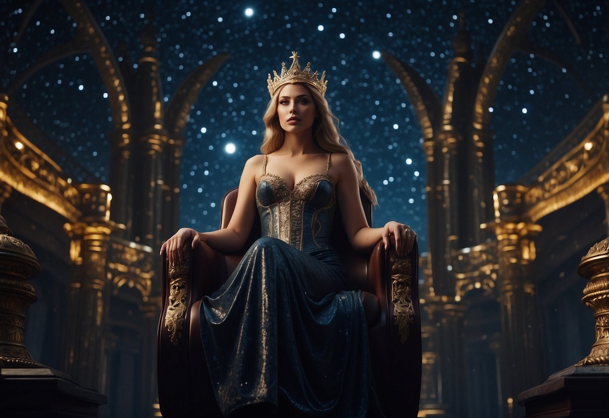 Cassiopeia sits on her throne, adorned with stars, her regal figure etched in the night sky. Her proud posture exudes majesty, commanding the attention of all who gaze upon her celestial form