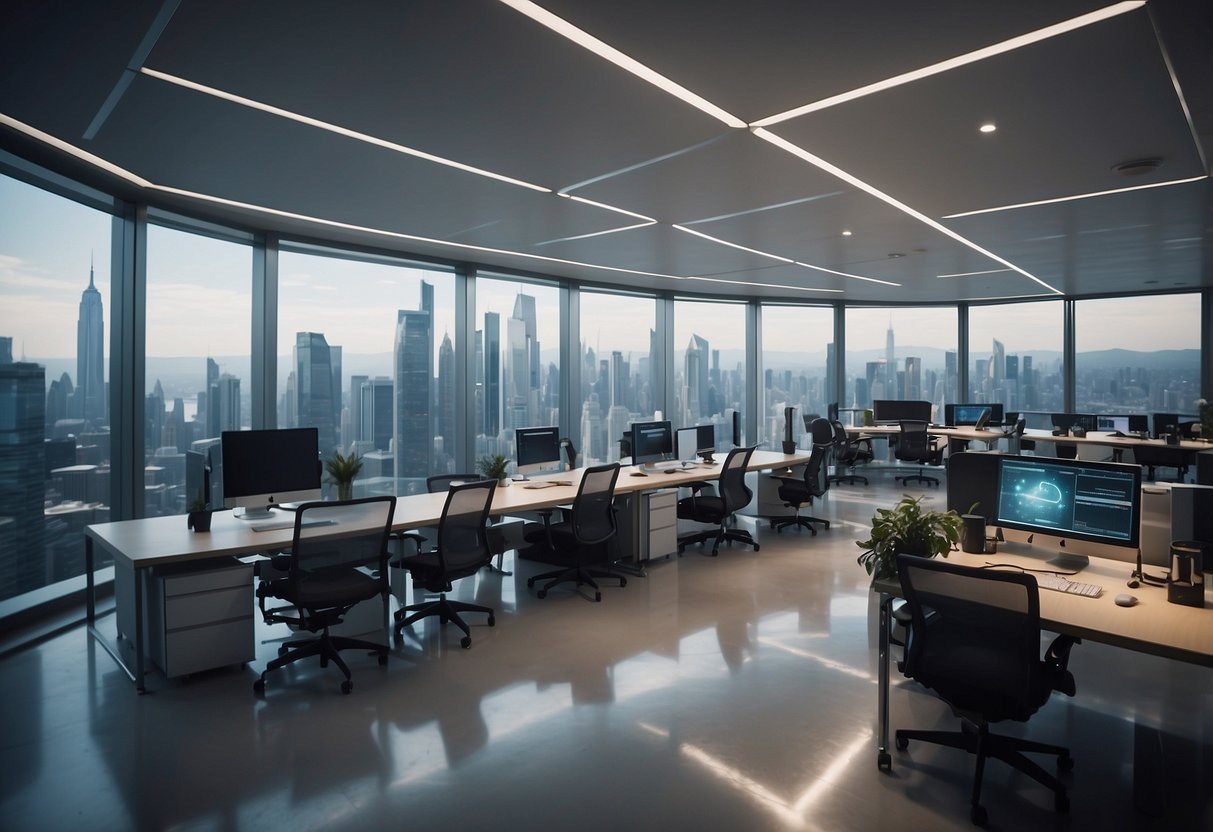 In 2024, a futuristic office with advanced technology and a diverse team working in a collaborative and innovative environment