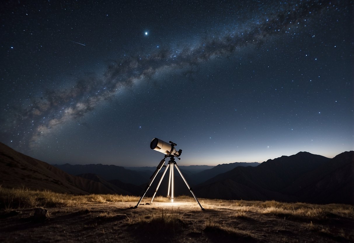 A clear night sky over a mountain peak, with a telescope set up on a flat surface. The Milky Way stretches across the sky, and a shooting star streaks through the darkness