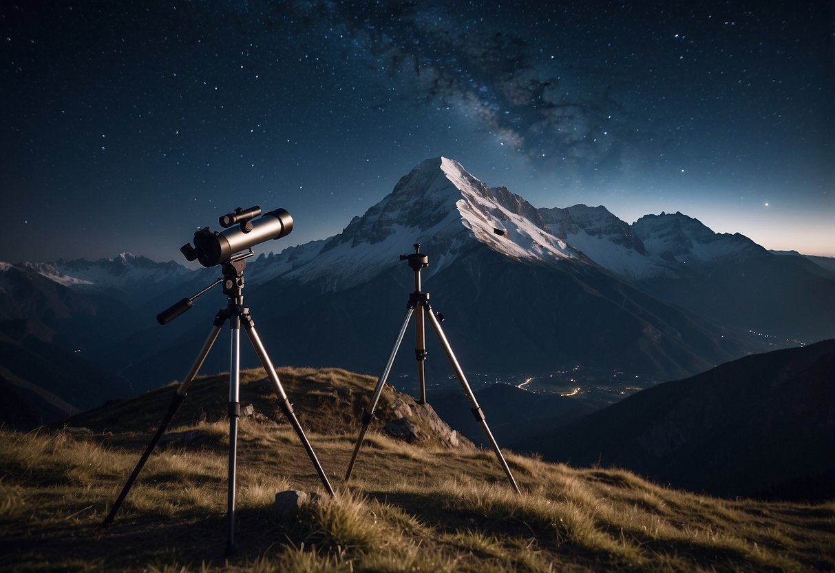 A mountain peak under a clear night sky, stars shining brightly, with a telescope and stargazing equipment set up