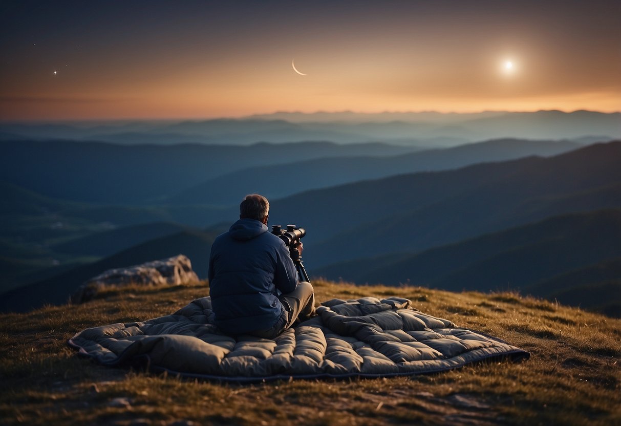 A figure sits on a blanket atop a mountain, surrounded by layers of clothing and a telescope pointed towards the night sky