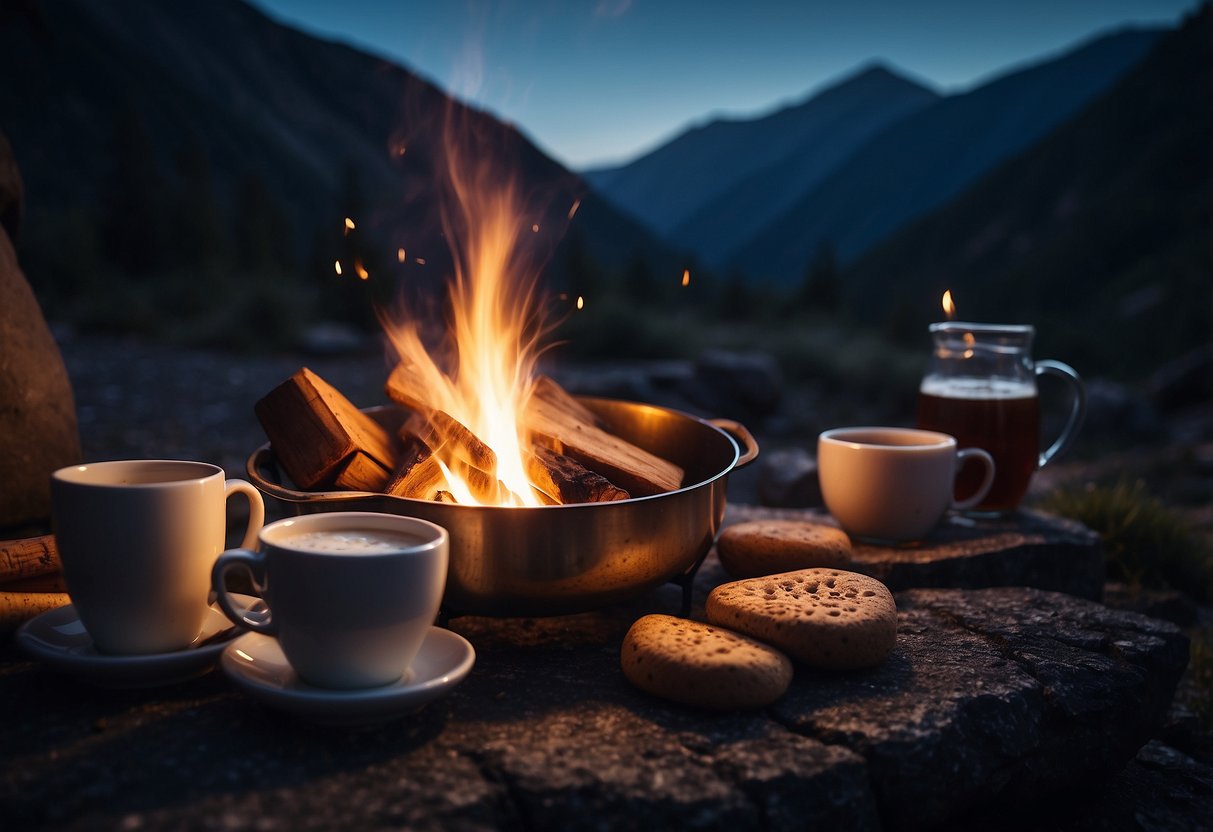 A cozy campfire surrounded by mugs of steaming beverages, nestled in the midst of towering mountains under a starry night sky