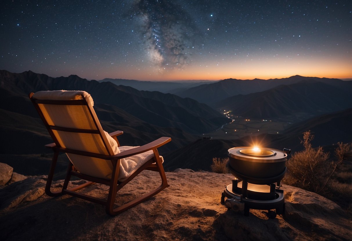 A cozy chair sits on a mountain peak under a starry sky. The chair is surrounded by a telescope, blanket, and a hot drink, creating a perfect stargazing setup