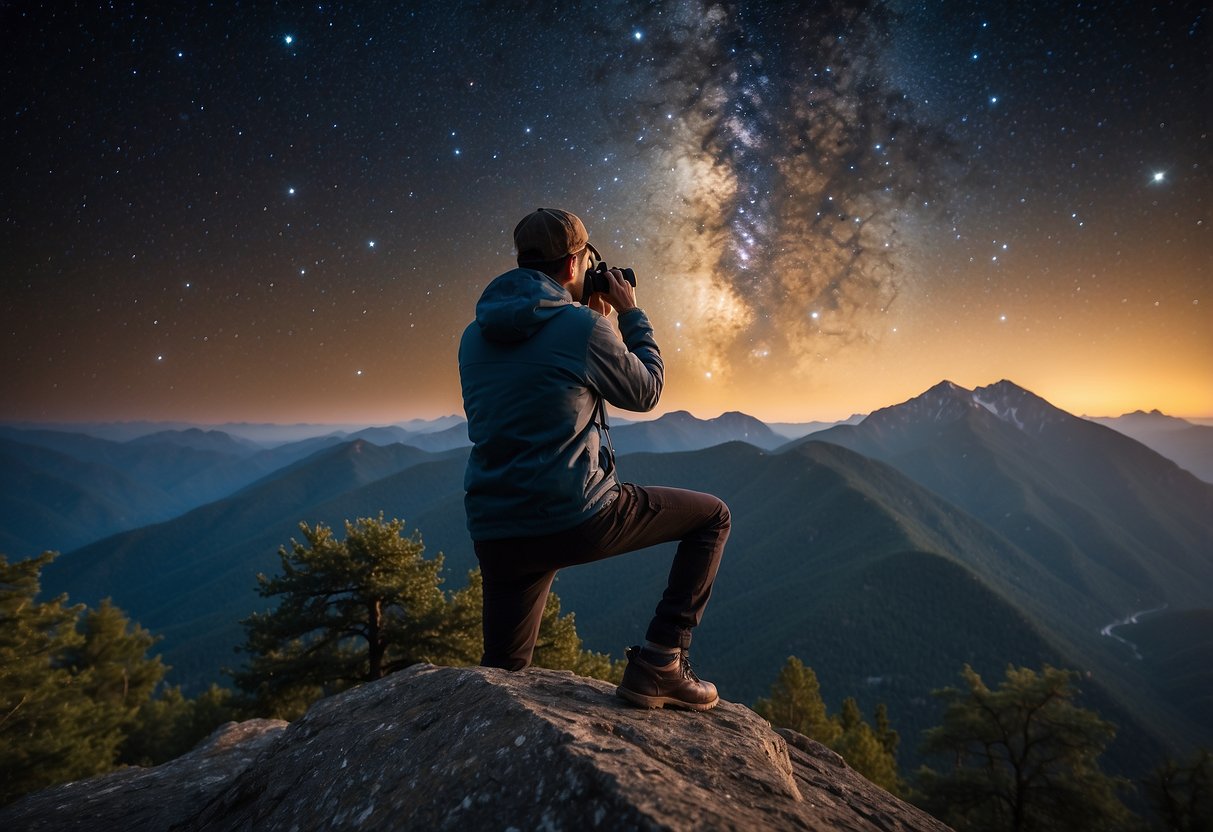 A figure uses binoculars to gaze at stars from a mountain peak