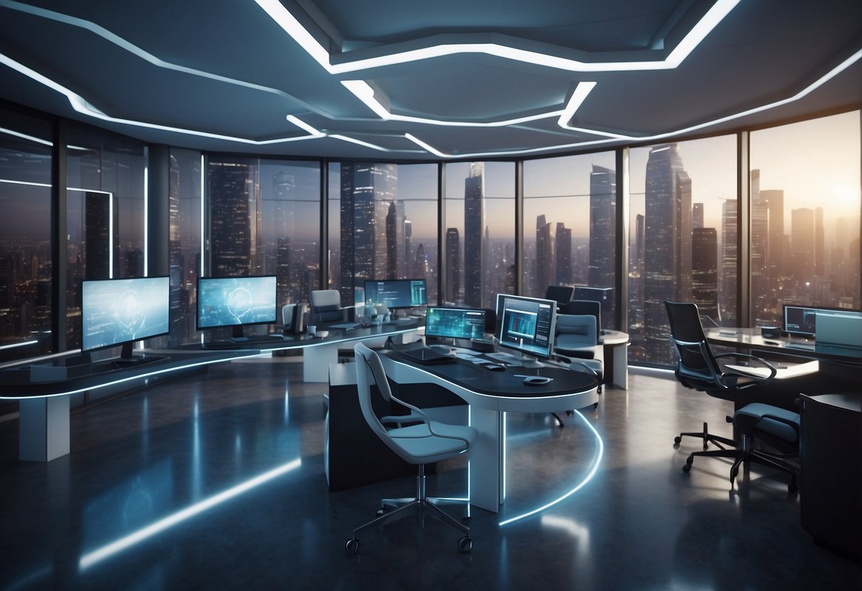 A futuristic office setting with advanced technology and collaboration spaces. Virtual reality headsets, holographic displays, and AI assistants are integrated into the workspace