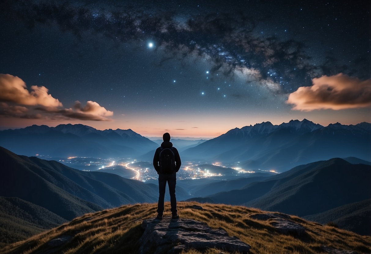 A lone figure gazes at the stars from a secluded mountain peak, surrounded by towering peaks and a clear night sky