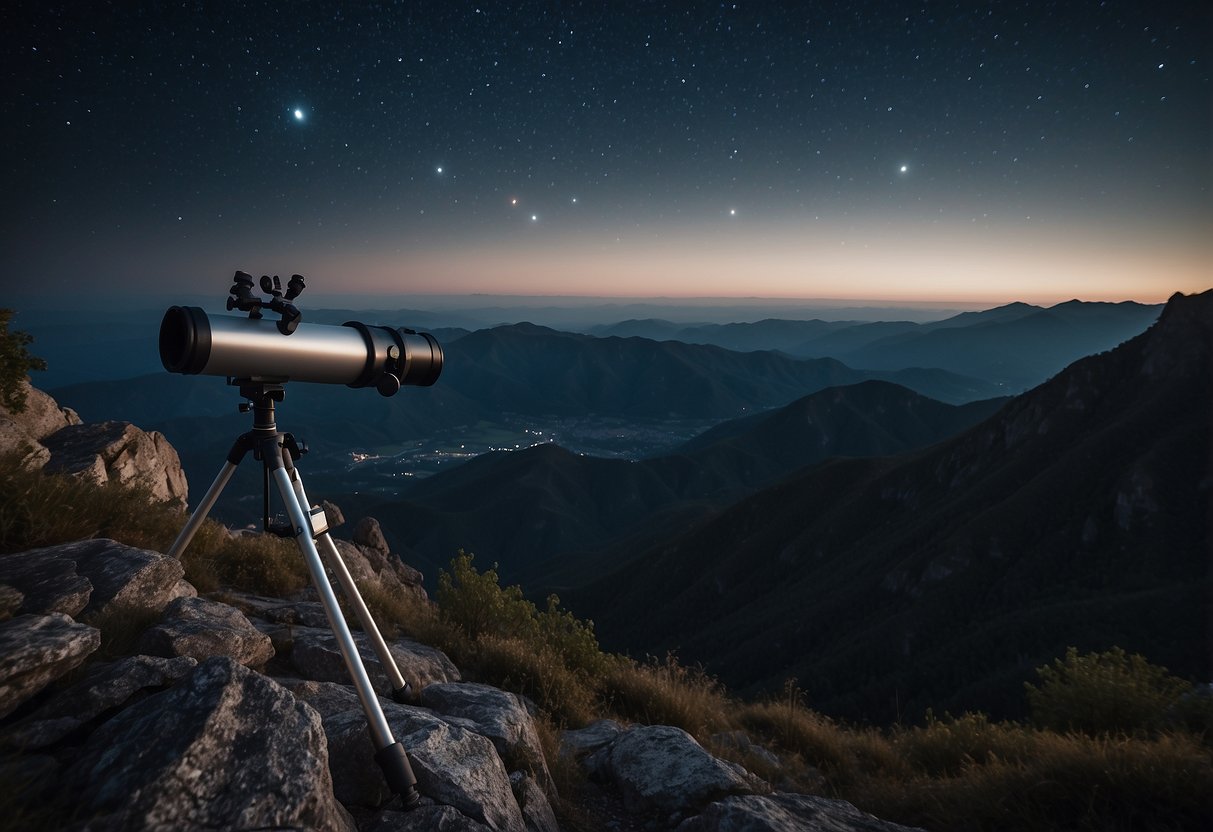 A clear, dark sky on a mountain peak. Stars shining brightly. A telescope set up. Surrounding landscape visible. Peaceful and serene atmosphere